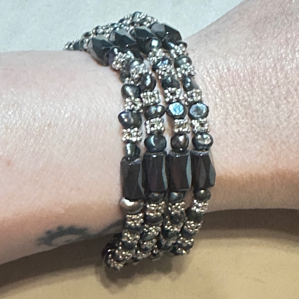 Magnetite dark freshwater pearls silver tone beaded bracelet necklace wrap